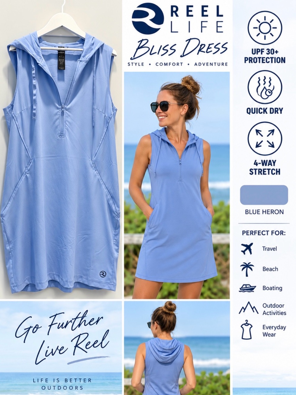 Reel Life Bliss Dress Blue Heron Hooded Active Dress L NWT